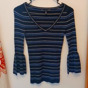 White House Black Market Womens Black and Blue Bell Sleeve Top XS